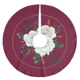 Eleganter Burgundy Glam Vintager weißer Rosenurla Polyester Weihnachtsbaumdecke