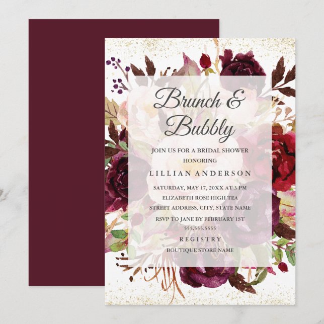 Eleganter Burgundy Gold Blubunch und Bubbly Einladung (Vorne/Hinten)