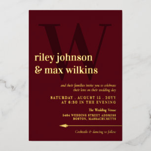 Eleganter Burgundy & Gold Typografy Arrow Folieneinladung