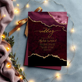 Eleganter Burgundy und Gold Agate Wedding QR Code Einladung