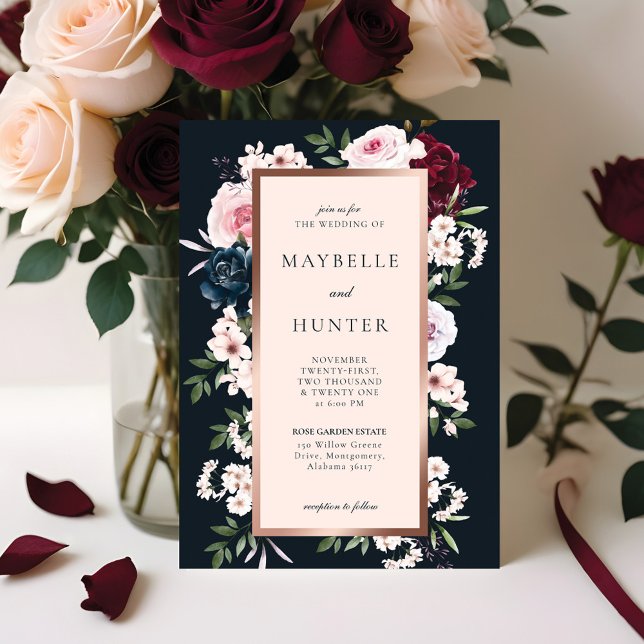 Eleganter Burgundy- und Navy-Aquarellrahmen Einladung (Elegant Burgundy & Navy Watercolor Floral Frame Invitation)