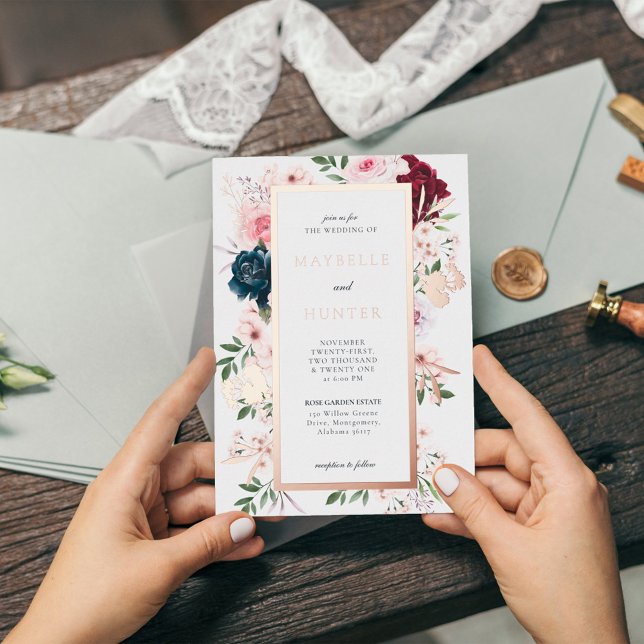 Eleganter Burgundy- und Navy-Aquarellrahmen Folieneinladung (Elegant Burgundy & Navy Watercolor Floral Frame Foil Invitation)