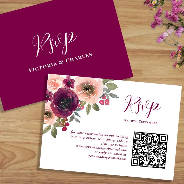 Eleganter Burgundy Watercolor Floral Qr-Code RSVP Karte (Von Creator hochgeladen)