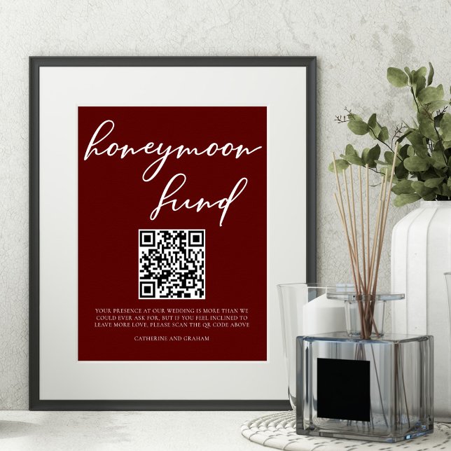 Eleganter Burgundy Wedding Honeymoon Fund QR Code Poster (Von Creator hochgeladen)