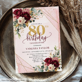 Eleganter Burgundy White Gold Rose 80. Geburtstag Einladung