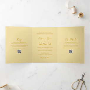 Eleganter Butter Yellow QR Code Moderne Hochzeit Dreifach Gefaltete Einladung