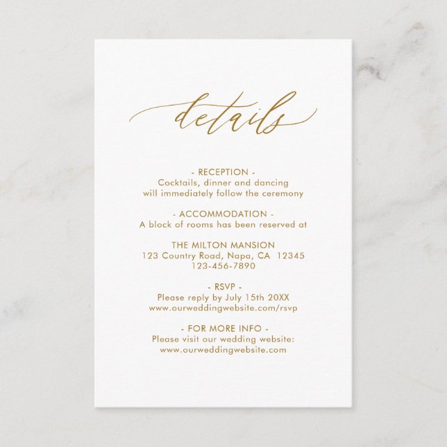 Eleganter Calligrafy Gold Wedding Details QR Code Begleitkarte (Vorderseite)