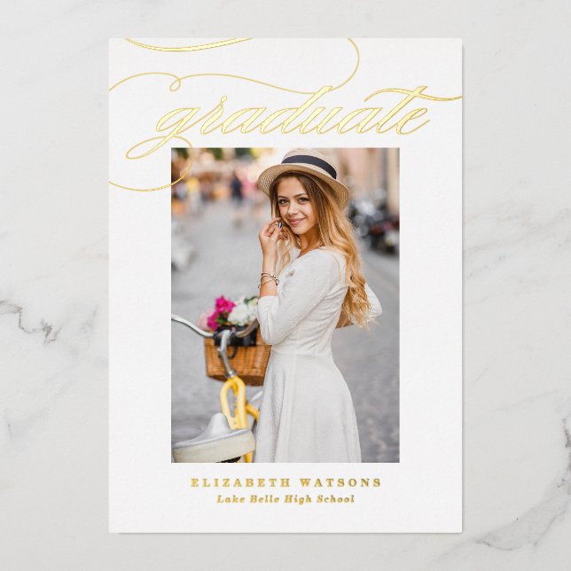 Eleganter Calligraphy Foto Abschluss Gold Folieneinladung (Vorderseite)