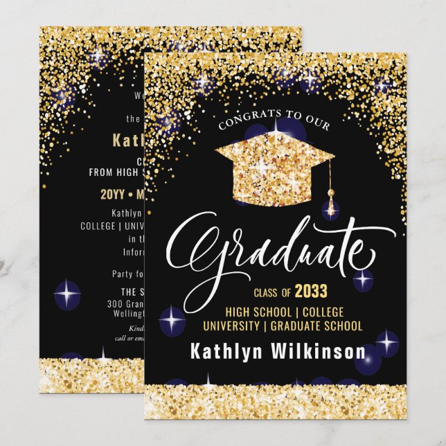 Eleganter Calligraphy Gold Glitzer Abschluss Ankündigung (Vorne/Hinten)