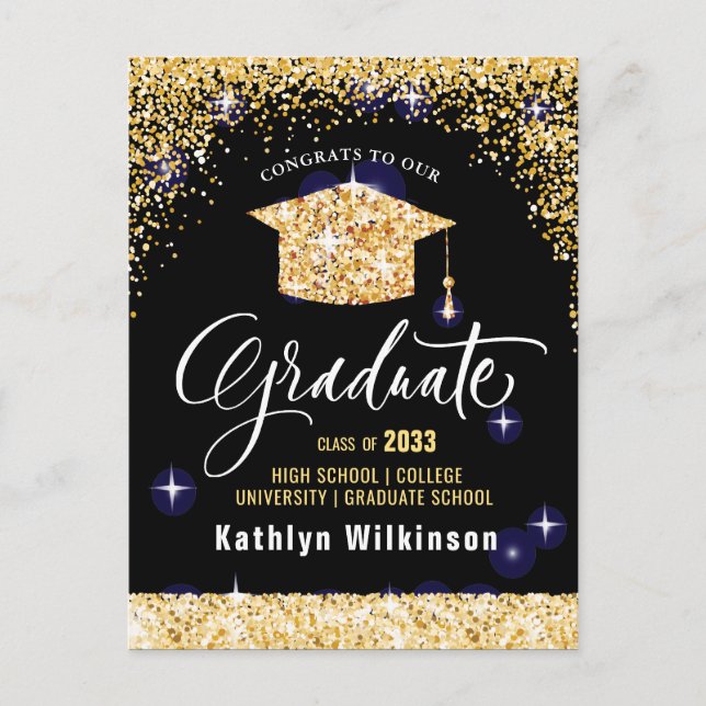Eleganter Calligraphy Gold Glitzer Abschluss Ankündigungspostkarte (Vorderseite)