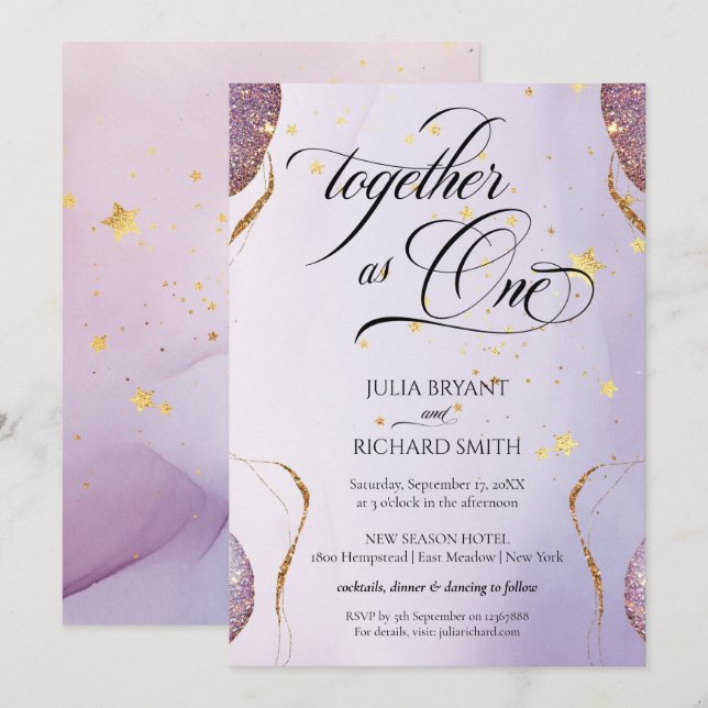 Eleganter Calligraphy Gold Glitzer Amethyst Modern Einladung (Vorne/Hinten)
