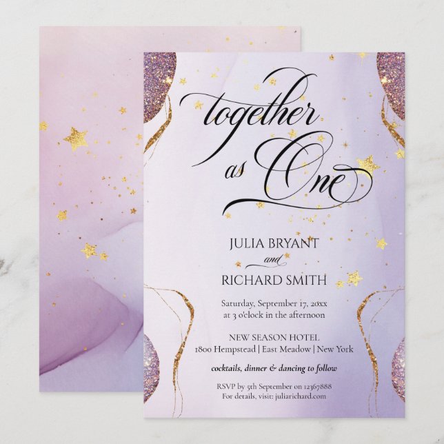 Eleganter Calligraphy Gold Glitzer Amethyst Modern Einladung (Vorne/Hinten)