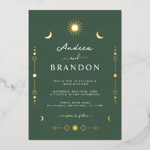 Eleganter Celestial Gold Moon & Sun QR Code Hochze Folieneinladung