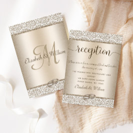 Eleganter Champagne Damask Glitzer Hochzeitsempfan Begleitkarte