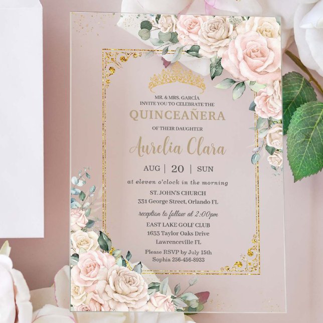 Eleganter Champagne Ivory Blush Floral Quinceñera Acryleinladungen (Von Creator hochgeladen)