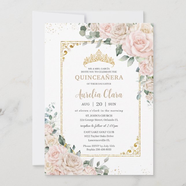 Eleganter Champagne Ivory Blush Floral Quinceñera Einladung (Vorderseite)
