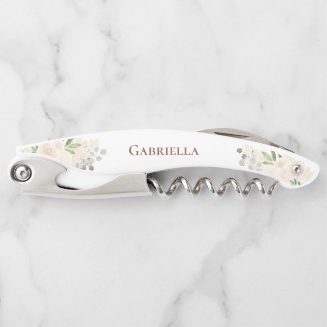 Eleganter Champagne Peach Floral Wedding Name Kellnermesser (Vorderseite)
