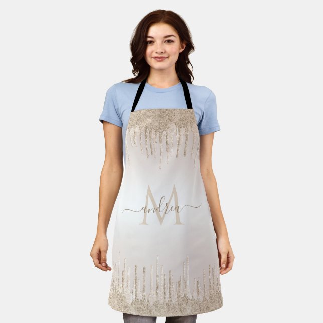 Eleganter Champagner-Glitzer Dripping Girly Monogr Schürze (Getragen)