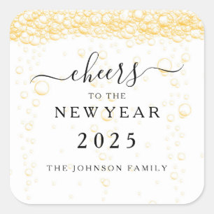 Eleganter Champagner prostet Silvester 2025 Quadratischer Aufkleber