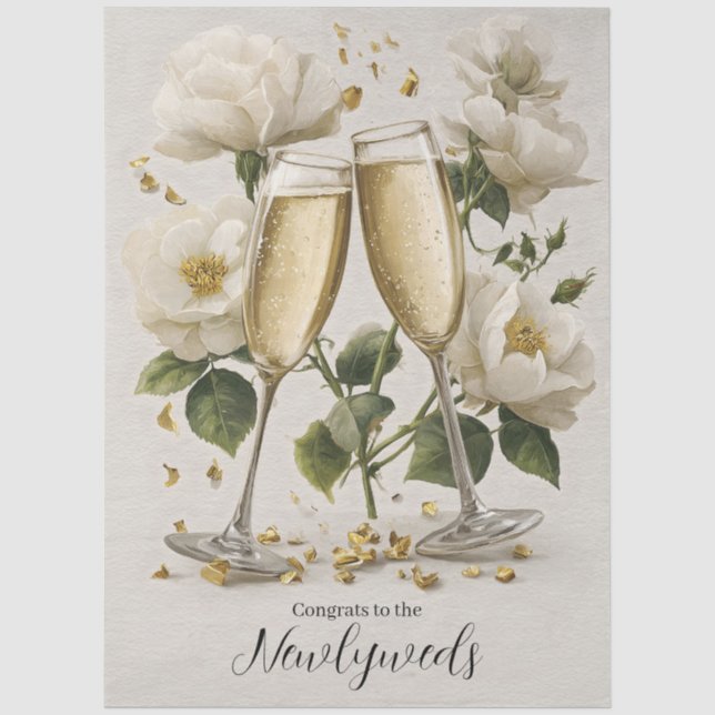Eleganter Champagner Toast mit weißen Rosen Seidenpapier (Vorderseite)