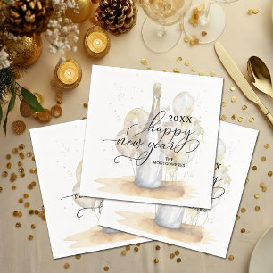 Eleganter Champagner und Ballons Frohes Neues Jahr Serviette