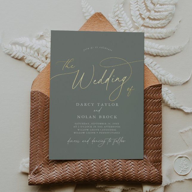 Eleganter Charm Dunkle Sage Goldmedaille Hochzeit  Folieneinladung (Elegant Charm Dark Sage Gold Foil Wedding Invites)