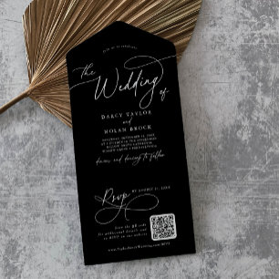 Eleganter Charm QR-Code schwarze Hochzeit All In One Einladung