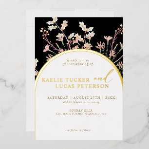 Eleganter Charm Wild Blume Arch   Schwarz & Gold Folieneinladung
