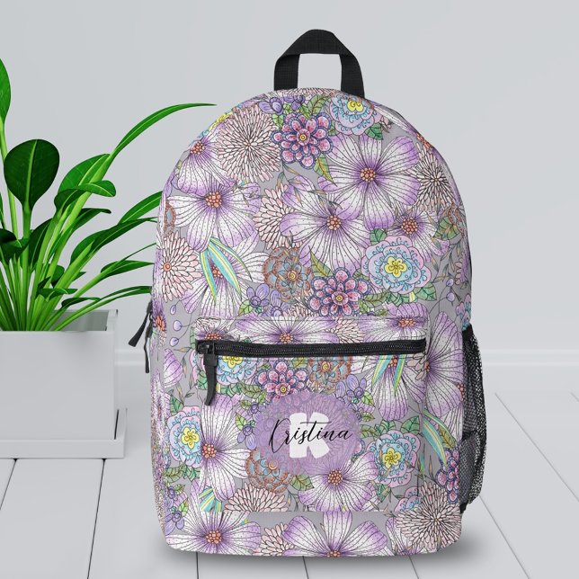 Eleganter Charming Purple Blumen Name und Anfangsb Bedruckter Rucksack (Von Creator hochgeladen)