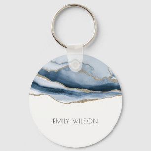 Eleganter Chic Abstrakt Agate Blue Gold Wasserfarb Schlüsselanhänger
