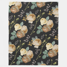 Eleganter Chic Beige Rose Bloral auf Schwarz Fleecedecke