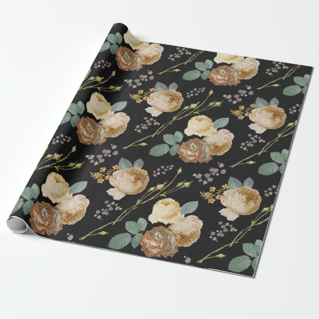 Eleganter Chic Beige Rose Bloral auf Schwarz Geschenkpapier (Ungerollt)
