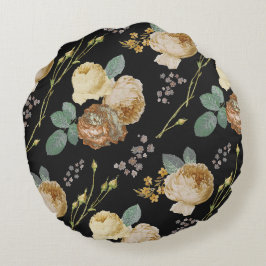 Eleganter Chic Beige Rose Bloral auf Schwarz Rundes Kissen