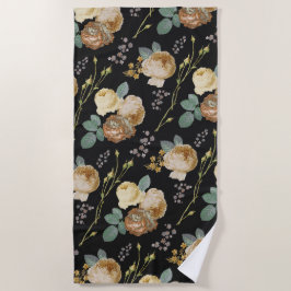 Eleganter Chic Beige Rose Bloral auf Schwarz Strandtuch
