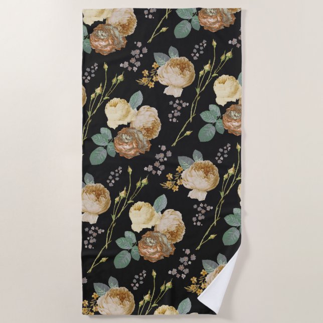 Eleganter Chic Beige Rose Bloral auf Schwarz Strandtuch (Vorderseite)