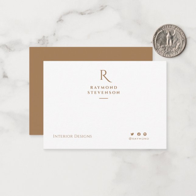 Eleganter Chic Beruflich Light Brown mit Monogramm Mitteilungskarte (Vorderseite/Rückseite Beispiel)