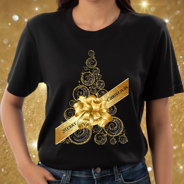 Eleganter Chic Black Gold Weihnachtsbaum und Bow T-Shirt (Von Creator hochgeladen)