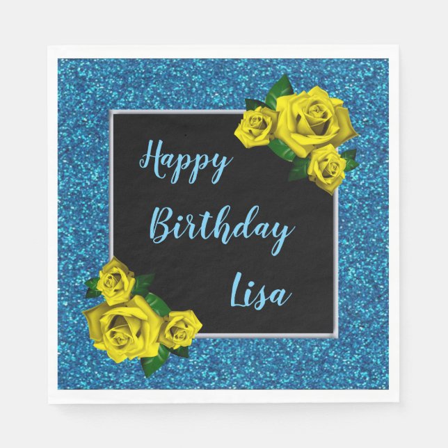 Eleganter Chic Blue Glitzer Gelbe Rosen Geburtstag Serviette (Vorderseite)