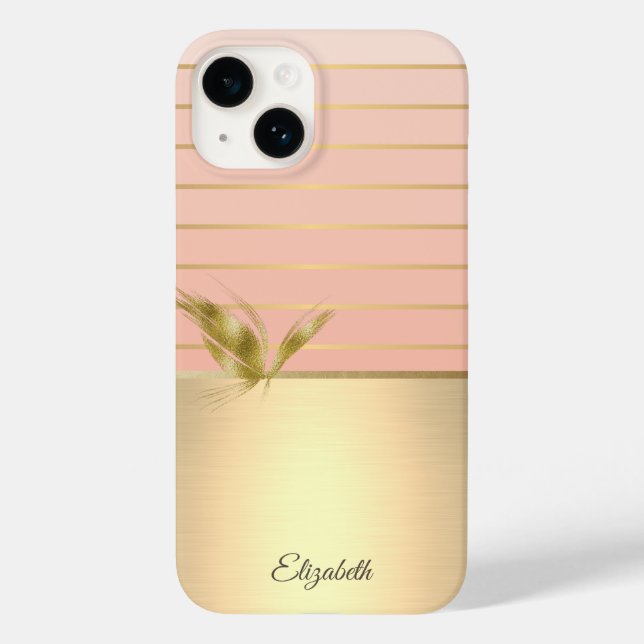 Eleganter Chic Butterfly Gold gestreift Case-Mate iPhone 14 Hülle (Rückseite)