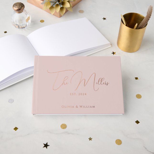 Eleganter Chic Dusty Pink & Rose Gold Wedding Foil Gästebuch (Vorderseite Offen)