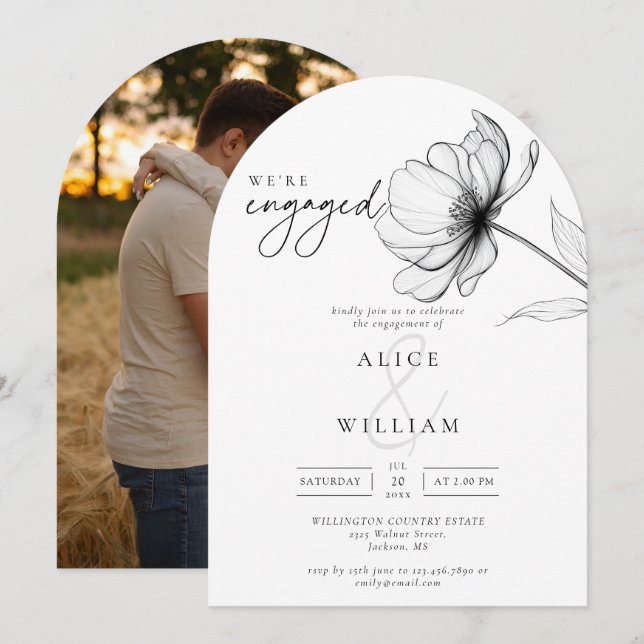 Eleganter Chic Floral Foto Engagement Party Arch Einladung (Vorne/Hinten)