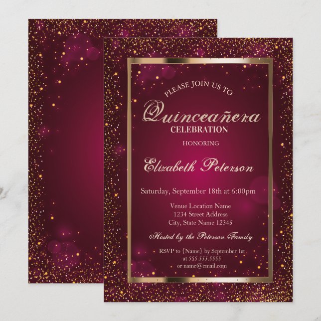 Eleganter Chic Frame Confetti Quinceañera Einladung (Vorne/Hinten)