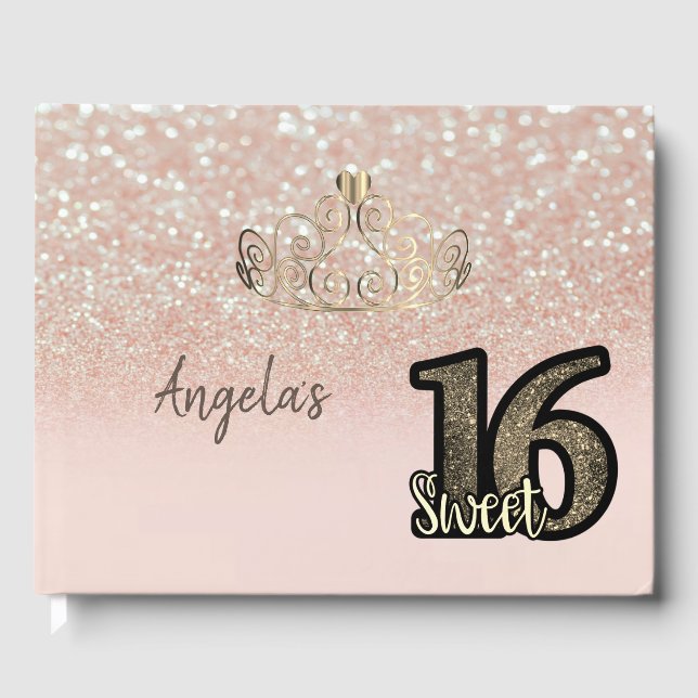 Eleganter Chic Glitzer Bokeh, Tiara, Sweet 16 Gästebuch (Vorderseite)