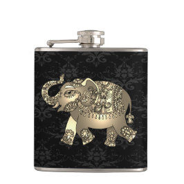Eleganter Chic Gold Elephant Floral, Black Damask Flachmann