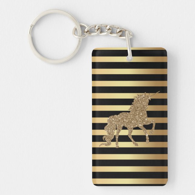 Eleganter Chic Gold Glitzer Einhorn, Gold gestreif Schlüsselanhänger (Vorderseite)