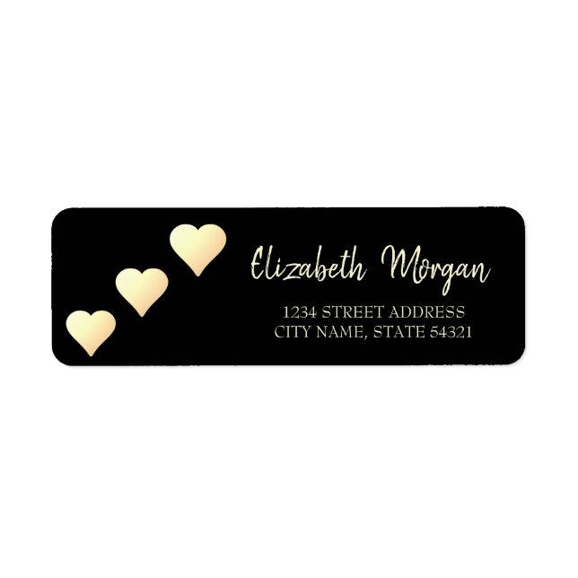 Eleganter Chic, Gold Hearts, Black Address Label (Vorne)