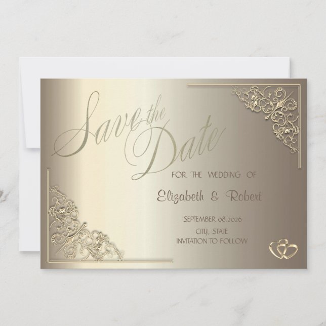 Eleganter Chic Gold-Herzen-Rahmen Save The Date (Vorderseite)