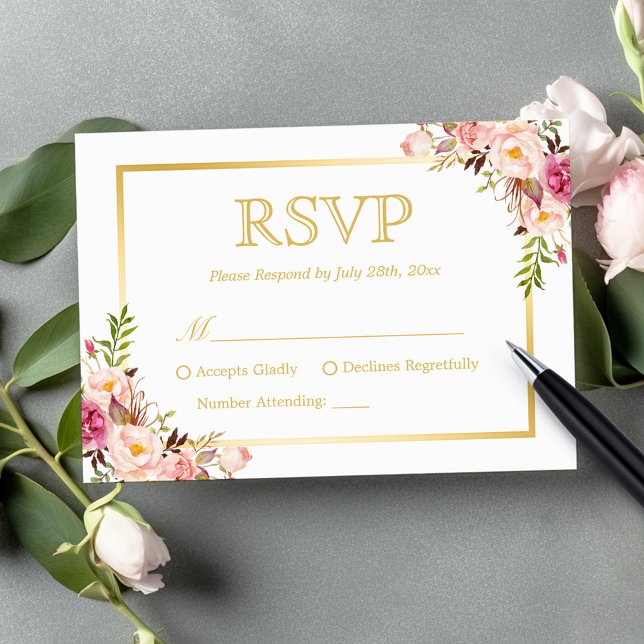 Eleganter Chic Gold Rahmen Blush Pink Blumenzehen RSVP Karte (Von Creator hochgeladen)