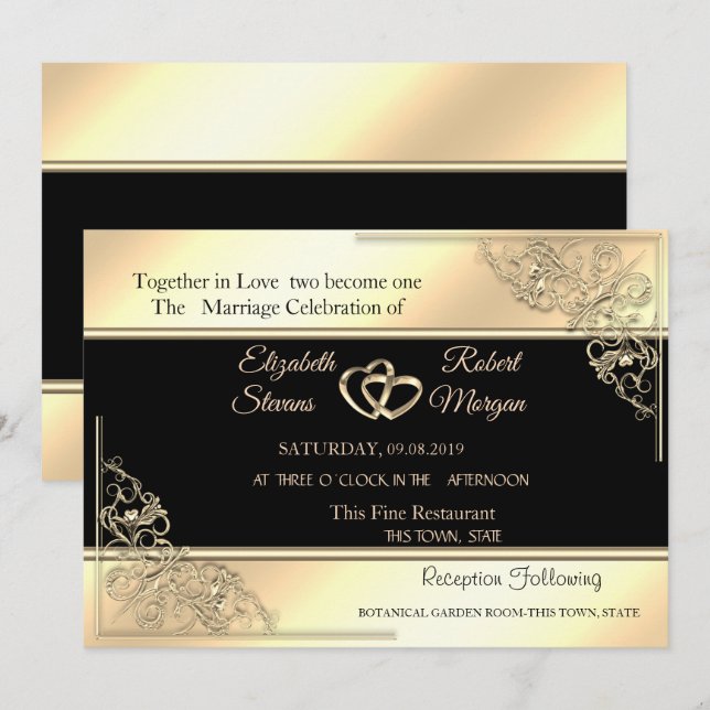 Eleganter Chic Gold Rahmen, Stripe Hochzeit Einlad Einladung (Vorne/Hinten)