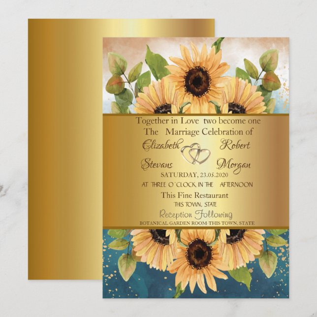 Eleganter Chic Gold Sonnenblumen Einladung Hochzei (Vorne/Hinten)